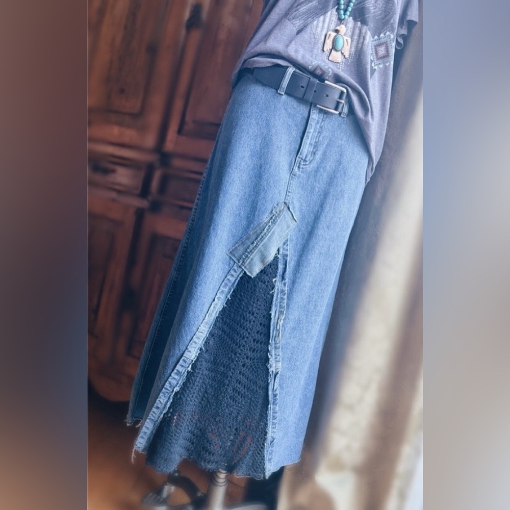 OOAK Artisan Reworked Denim Maxie Skirt | Distressed Jean & Crochet Inserts